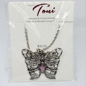Toni Genuine Purple Flourite Butterfly Pendant Brooch Necklace NEW NWT Boho